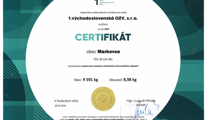 Triedený zber odpadov / Certifikát za rok 2023 -preukazujúci vyzbierané množstvo triedeného komunálneho odpadu - foto